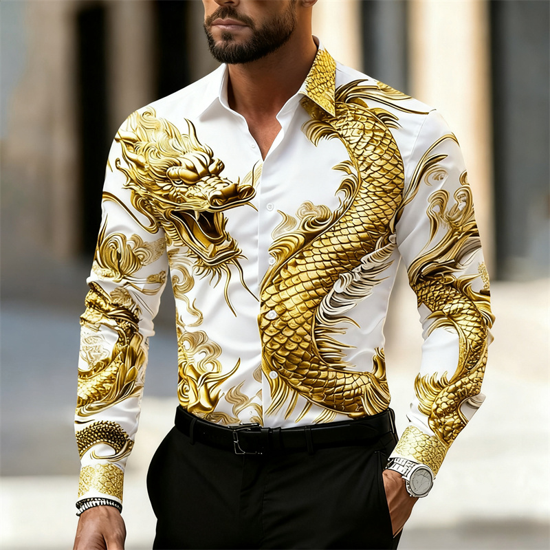 Street Fashion Shanghai - Kemeja Pria Lengan Panjang Motif Naga