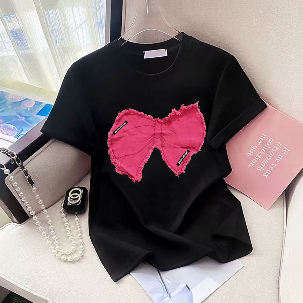 Street Fashion Shanghai - Kaos T-shirt Denim Merah Muda dengan