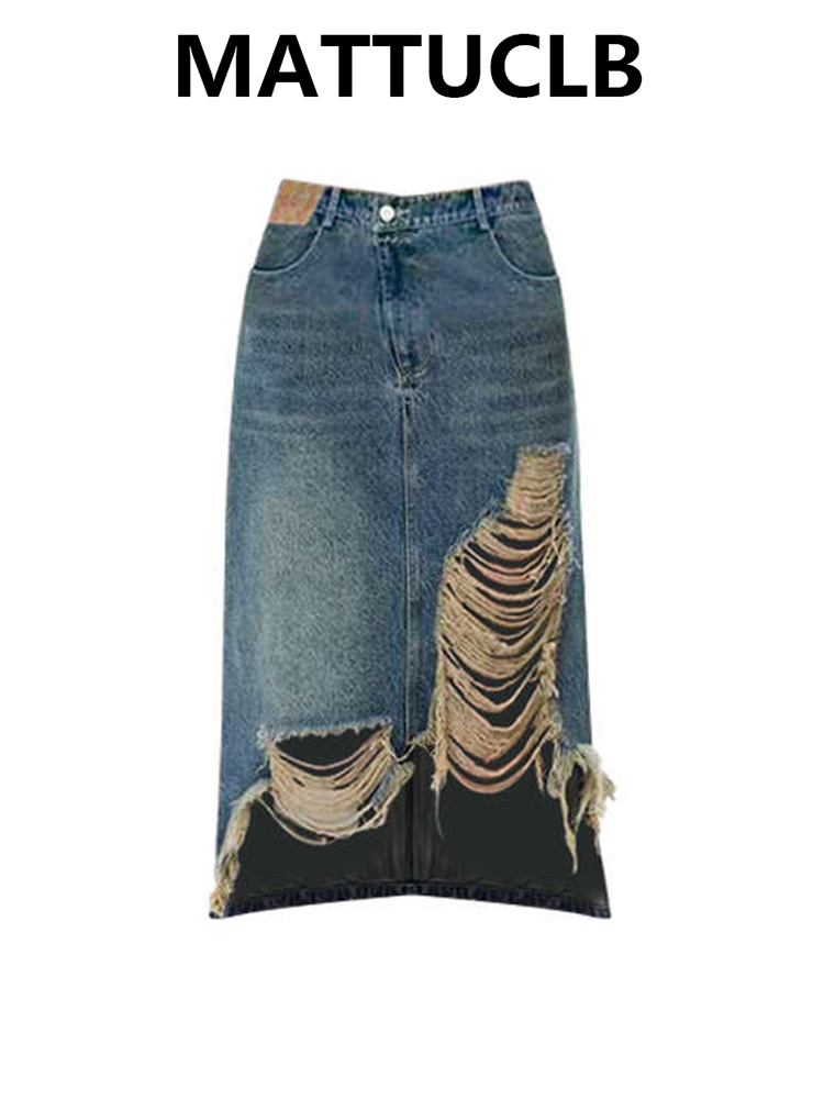 Street Fashion Korean - Rok Midi Wanita 2000-an Rok Denim