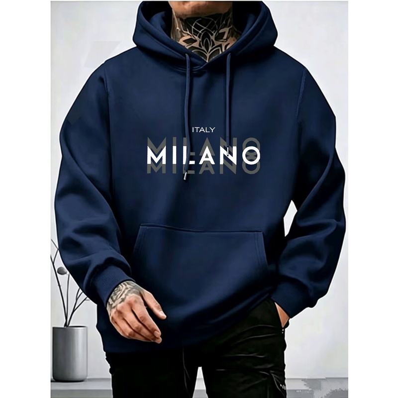 Street Fashion Milano - Kaos hoodie pria berbahan fleece, motif