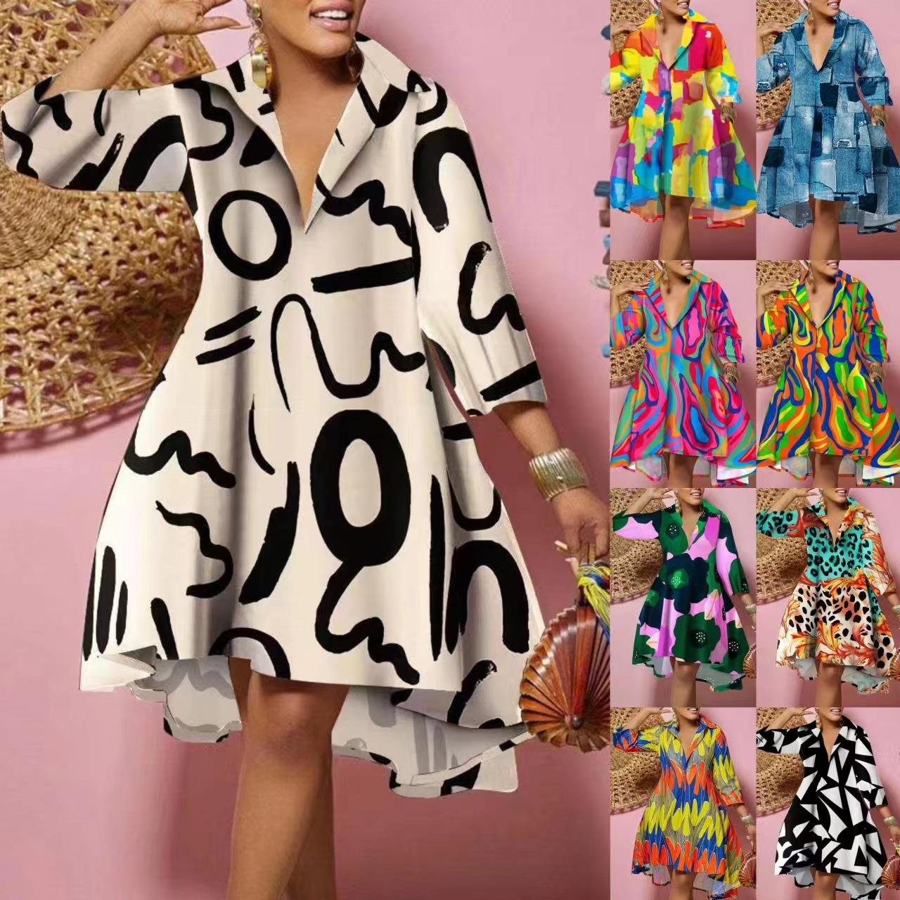 Guangzhou Street Fashion - Gaun Kerah Kemeja Bermotif Longgar Modis