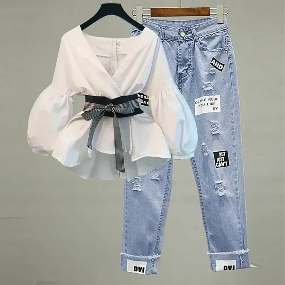 Street Fashion Korean - Setelan celana Jeans wanita sifon, setelan