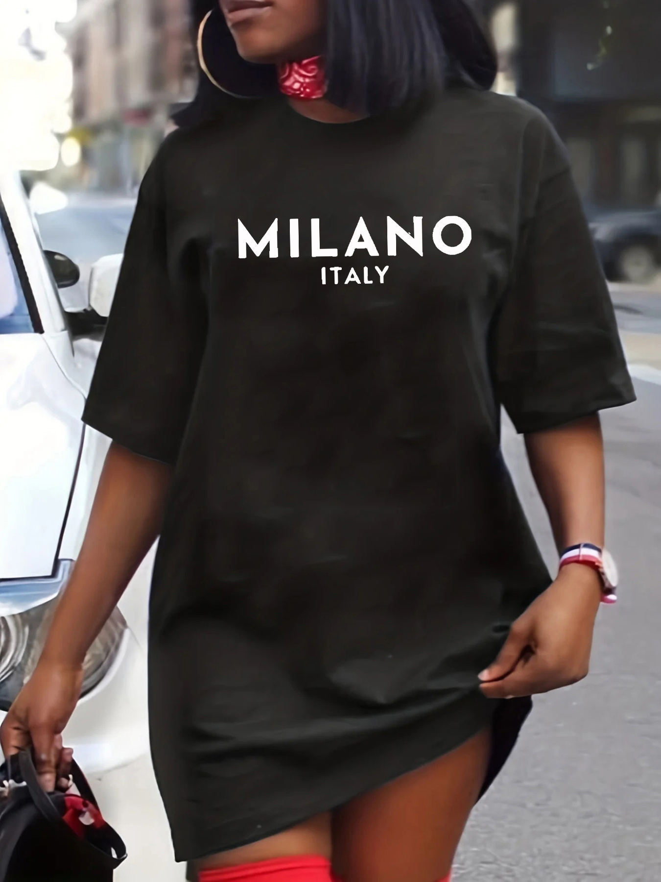 Street Fashion Milano - Gaun kaus lengan pendek leher bulat