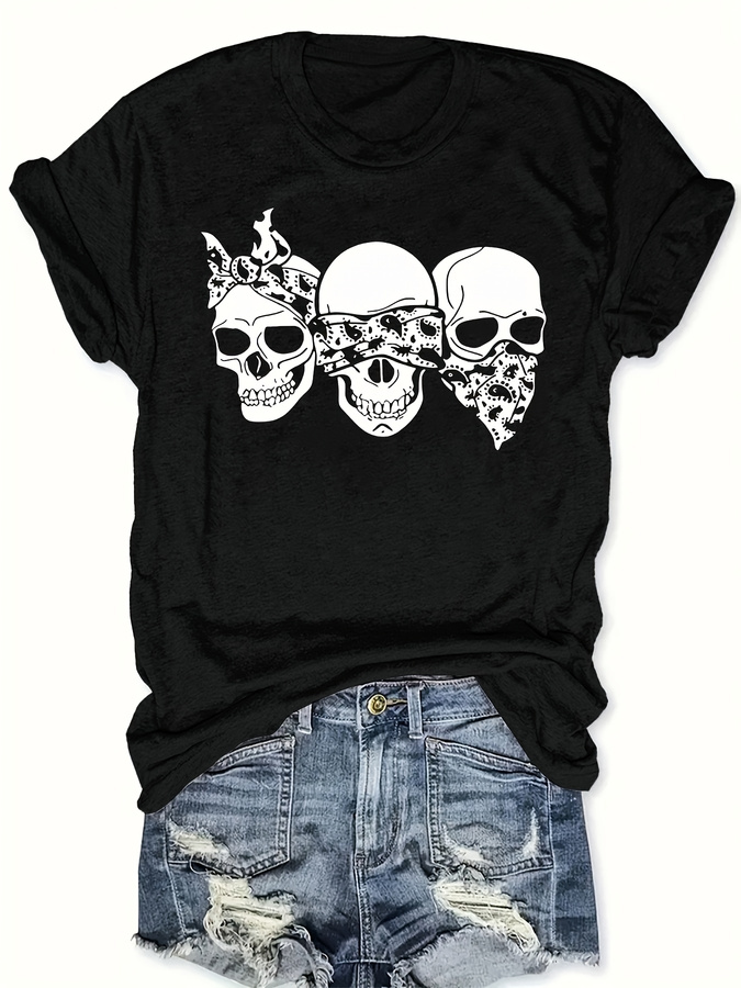 Italy Fashion Street - Kaos Tengkorak Kartun Happy, Longgar, Leher
