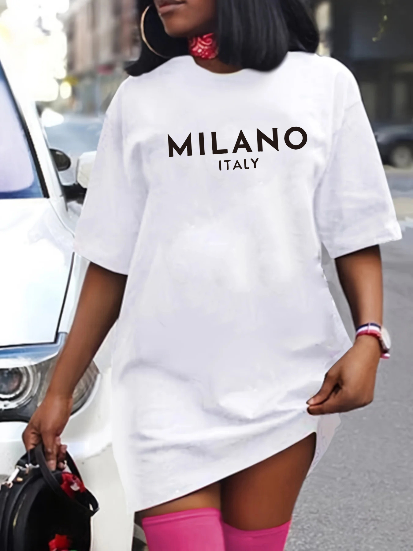 Gaun kaus lengan pendek leher  - Street Fashion Milano ulasan dan harga
